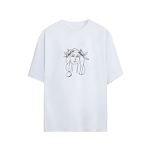 Noıssey Line Art Tasarımlı Unisex Oversize T-shirt Beyaz