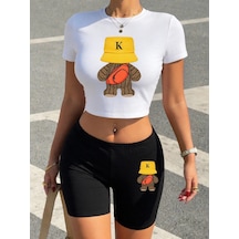 Tarzsokak Yaz Spor Yünlü Ayı Baskılar Kırpma T-shirt Şort Kadın Seksi İki Parçalı Set Üstleri Pantolon Beyaz