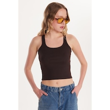 Tudors Kadın Slim Fit Dar Kesim İnce Askılı U Yaka Kahverengi Body Atlet-34167 Kahverengi