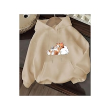 Herkesemoda Sevimli Kedi Baskı Detaylı İçi Polarlı Kapüşonlu Sweatshirt Bej