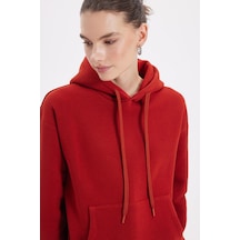 Tudors Kadın Oversize Geniş Kesim Pamuklu Yumuşak Dokulu İçi Polarlı Basic Kiremit Kapüşonlu Sweatshirt-37906 Kiremit
