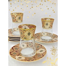 Heybeli Altın Bordo Desenli Cam Porselen Çay Seti 6 Kişilik Tea Set For 6 Persons Premium Porcelain Aeropress