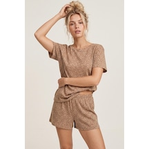 Siyah İnci Örme Şortlu Pijama Takım 8056 Vizon Leopar