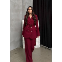 Msm Fashion Kadın İkili Blazer Ceket Pantolon Takım Aksesuar Ve Düğme Detaylı Bol Paça Bordo