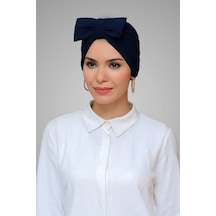 Hürrem Bone Lacivert Pratik Hazır Geçmeli Tesettür Bone Sandy Kumaş Fiyonklu Lacivert