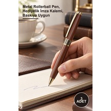 3 Adet Gold İşlemeli Kahverengi Metal Roller Kalem Metal Rollerball Pen, Hediyelik İmza Kalemi, Baskıya Uygun