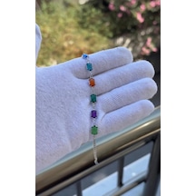 Gümüş Renk Renkli Zirkon Taşlı Özel Tasarım Bileklik 18 Cm Gümüş