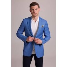 Erkek Mavi Regular Fit Çift Yırtmaç Keten Spor Ceket