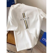 Paris Üç Çizgi Süprem T-shirt - Beyaz Oversize Bisiklet Yaka Kısa Kol Tişört Beyaz
