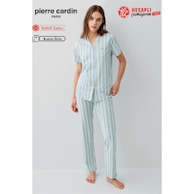 Pierre Cardin Paris Premium Kadın Modal Pamuklu Çizgili Önden Düğmeli Kısa Kollu Pijama Takım Yeşil