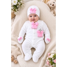 Sitilin Kız Bebek Kadife Kışlık Fiyong Taşlı Lüks Tulum Seti Premium Yenidoğan 0-3 Ay Stl7247 Pembe