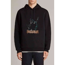 Fortine Wolf Baskılı Siyah Erkek Örme Kapşonlu Sweatshirt