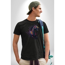 Renkli At Koşu Unisex Unisex Siyah Organik Baskılı T-shirt Penye Yüksek Kalite Siyah