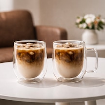 Porsima Pbt-323 Çift Cidarlı 2li Cam Kupa Çay Kahve Kupası Isı Yalıtımlı Kulplu Cam Bardak Seti 250 Ml Cam - Şeffaf