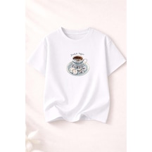 Herkesemoda Turkish Coffee Baskı Detaylı Kadın Bisiklet Yaka Pamuklu T-shirt Beyaz