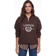 Onloox Kadın Kahverengi Kahverengi Pamuklu Dik Yaka Oversize London İşlemeli Fermuar Detaylı Şardonlu Sweatshirt