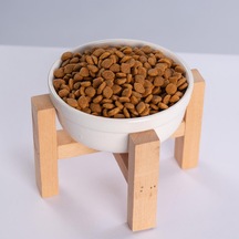 Beyaz Ahşap Standlı Seramik Mama/ Su Kabı Kedi Köpek Mama Su Kabı