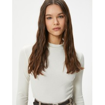 Koton Dik Yaka Tişört Uzun Kollu Ribanalı Slim Fit Viskoz Kumaş Karışımlı Ekru 4sal10513ık Ekru