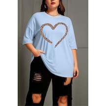 Love Kadın Büyük Beden Battal Baskılı Bisiklet Yaka Pamuklu T-shirt Rahat Kesim Unisex Sevgili Kombini Turkuaz