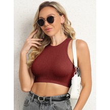 Liona Kadın Bisiklet Yaka Melanj Bordo Renk Crop Top Bluz 001