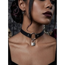 Gotik Choker Kolye Kadın Kilit Detaylı Punk Boyunluk Alternatif Tarz Yaka Kolyesi Gothic Stil Parti Ve Cosplay Aksesuarı Gri