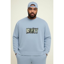 Benroma 3 İplik Penye Money Baskılı Büyük Beden Unisex Sweatshırt Bebe Mavisi