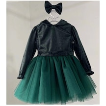 Kız Çocuk Zümrüt Yeşili Kadife Tütülü Elbise - Zümrüt Yeşili