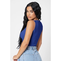 Kadın Zarif Dokunuş Lacivert Kare Yaka Crop Top Bluz