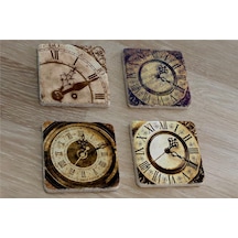 Roma Rakamlı Saatler Doğal Taş Bardak Altlığı 4'lü Set - Natural Stone Coasters - Taş Çok Renkli