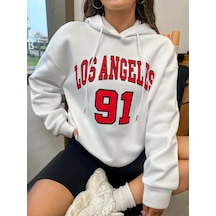 Kadın Beyaz Los Angeles 91 Baskılı Kapüşonlu Sweatshirt Beyaz