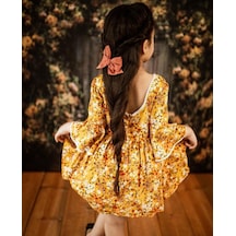 Kız Çocuk Çiçekli Sırt Ve Kol İspanyol Detaylı Elbise-2061-a.kahve