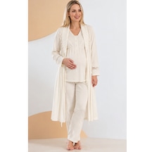 Bone Club 6305 Uzun Kol 3 Lü Sabahlıklı Lohusa Hamile Pijama Takımı Krem