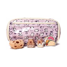 Capybara Desenli Çok Bölmeli Kalemlik - Peluş Bir Broş - 5 Stickers -2 Klips Hediye Lila