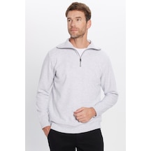 Unisex Relax Fit Rahat Kesim Fitilli Desenli Pamuklu Yarım Fermuarlı Gri Dik Yaka Sweatshirt-31991 Gri
