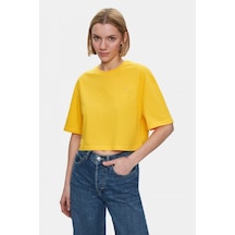 Indıana Sarı Bisiklet Yaka Crop Baskılı Loose Fit Kadın Tshirt Sarı Indıana Sarı Bisiklet Yaka Crop Baskılı Loose Fit Kadın Tshirt Sarı