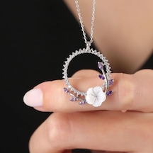 Mia vento Pırlanta Montür Ametist Taşlı Manolya Çiçeği Tacı Flowers Gümüş Kolye