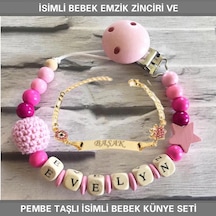 Sahi Aksesuar İsimli Bebek Emzik Zinciri ve İsimli Bebek Künye Seti BEZYI308 Pembe