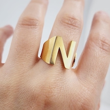 Çelik Gold Düz Kesim Harf Yüzük -n Harfi- Ayarlı Ölçü-1898 Altın