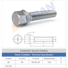 20 Adet Standart Bijon Civatası 50mm M12x1,25 Diş
