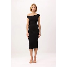 Benerly Kadın Asimetrik Yaka Düşük Kol Bodycon Midi Elbise Silky İnterlok Siyah