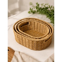 3'lü Dekoratif Plastik Rattan Sepet Seti El Örgüsü Düzenleyici Organizer Sepet Sarı