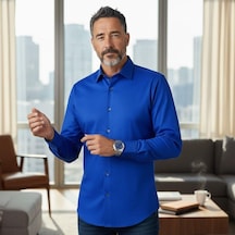 Klasik %100 Cotton Uzun Kollu Terletmeyen Kışlık Gömlek Slim Fit Kalıp Mavi