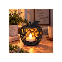 Elma Figürlü Dekoratif Mumluk Yaprak Desenli Tealight Mumluk, Dekoratif Led Mum Hediyeli - Siyah Açık