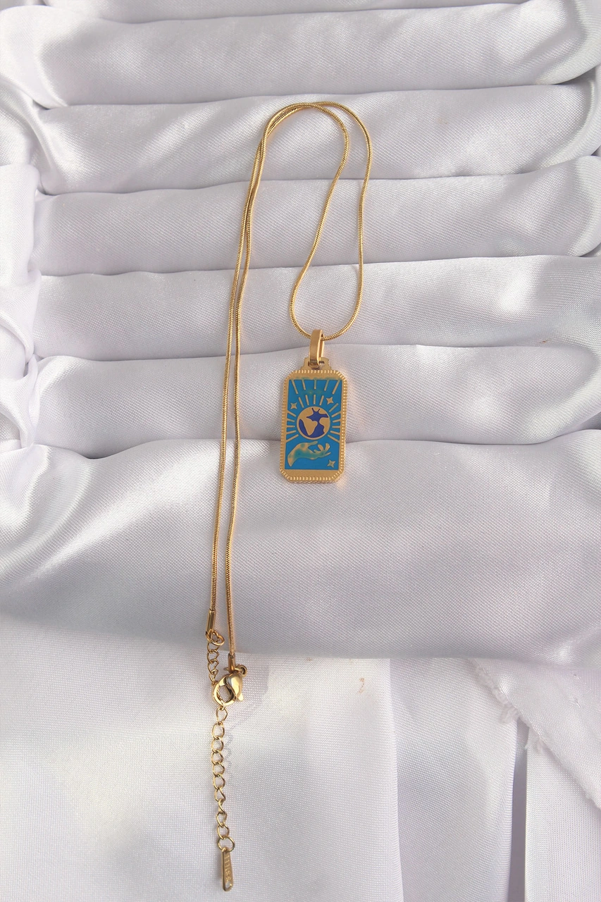 316l Çelik Gold Renk Mavi Mineli El Figür Tarot Kolye Renkli