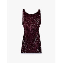 Koton Payetli Slim Fit Bisiklet Yaka Kolsuz Sırt Detaylı Mini Abiye Elbise Bordo 7wak80096fk