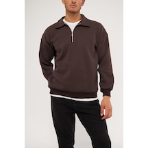 Ghassy Co. Erkek Polo Yaka Oversize Yarım Fermuarlı Sweatshirt Kahve