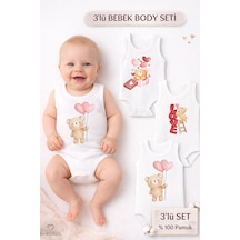 Babyden's 3 Lü Bebek Body Seti %100 Pamuk Ayıcık Desenli Unisex Bebek Body Kolsuz Çıtçıtlı Zıbın Beyaz