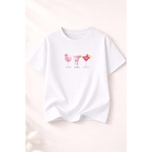Herkesemoda Summer Baskı Detaylı Kadın Bisiklet Yaka Pamuklu T-shirt Beyaz
