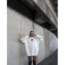 Kadın 3 İplik Pamuklu Bisiklet Yaka Gül Baskılı Sweatshirt - Beyazbeyaz Beyaz
