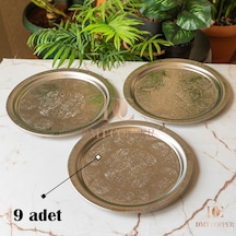430 Kalite Krom Çelik 9 Adet Tepsi 24 Cm Fırına Uygun, Osmanlı Motifli, Kebap & Restoran Sunum Tepsisi Gri